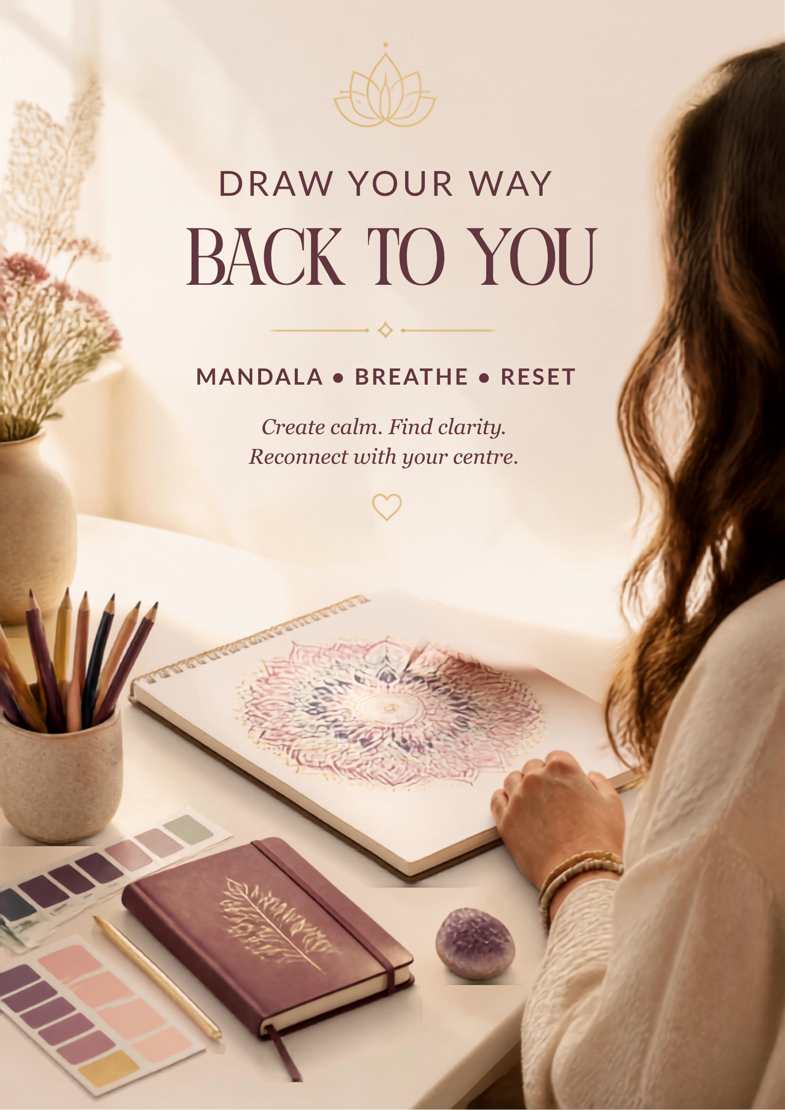 Woman creating a mandala with coloured pencils during an emotional reset session