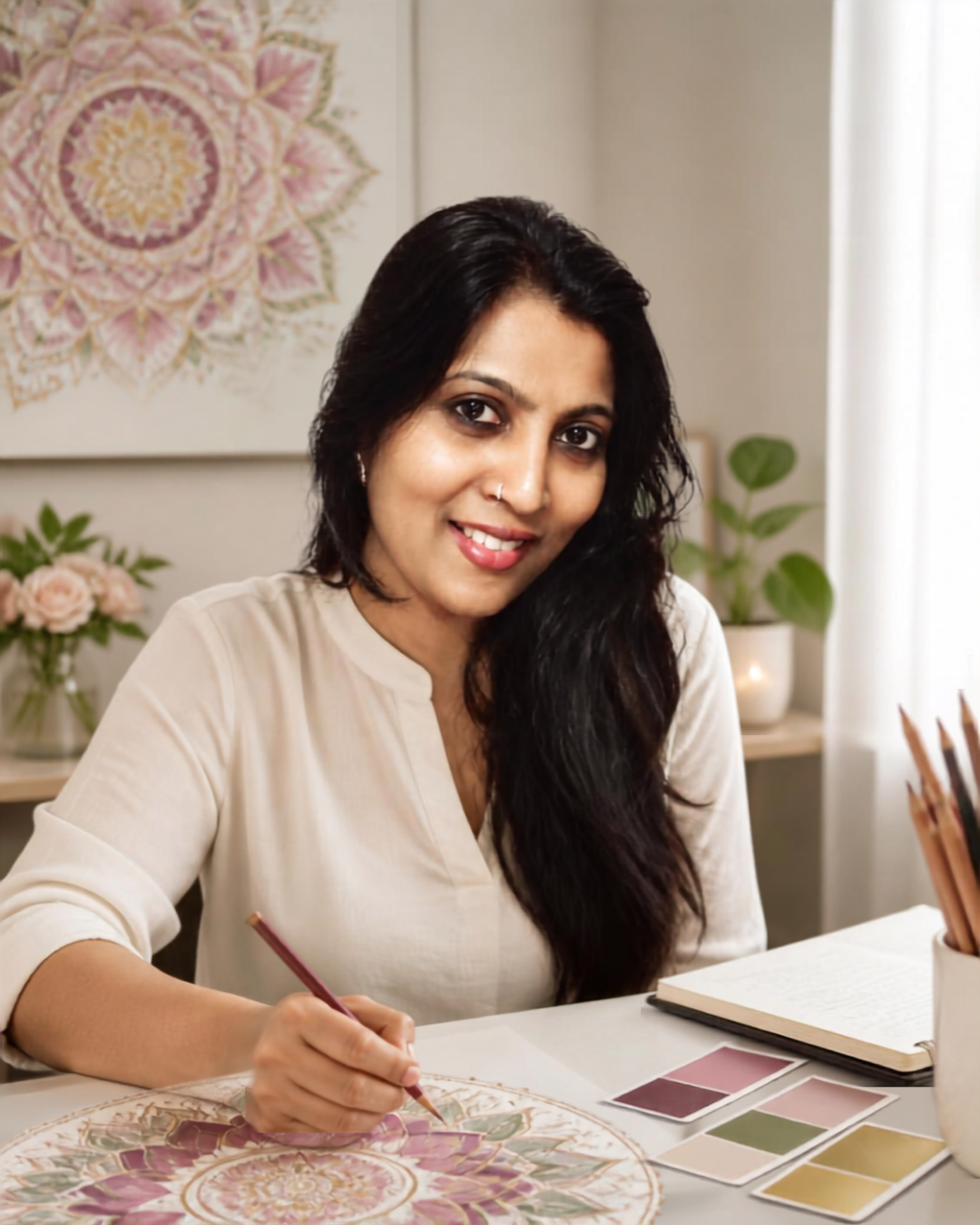 Hema, founder of Bloom Within by Hema, in a calm creative wellness setting with mandala artwork and colour materials.