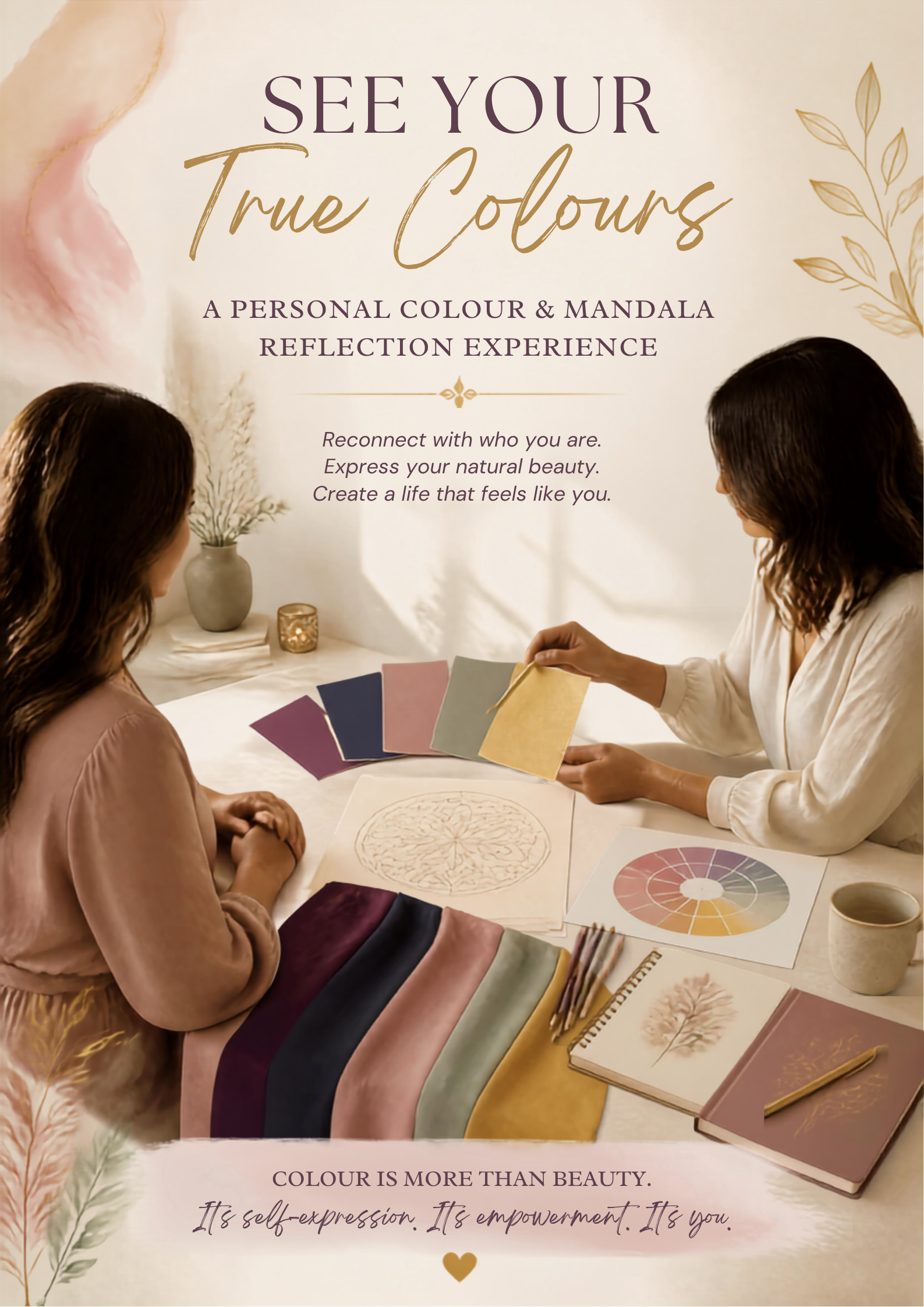 Woman exploring colour cards and a mandala during a personal colour reflection session