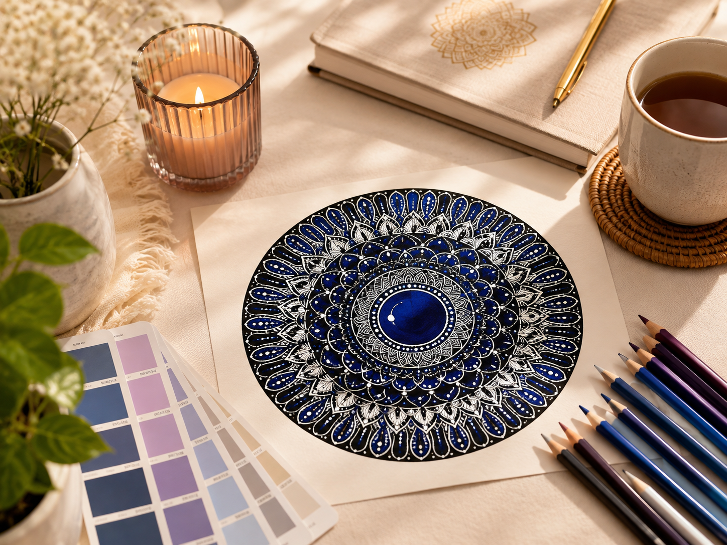 Blue and white mandala artwork on a cream table with coloured pencils, colour swatches, a journal, candle and natural elements creating a calm reflective setting.