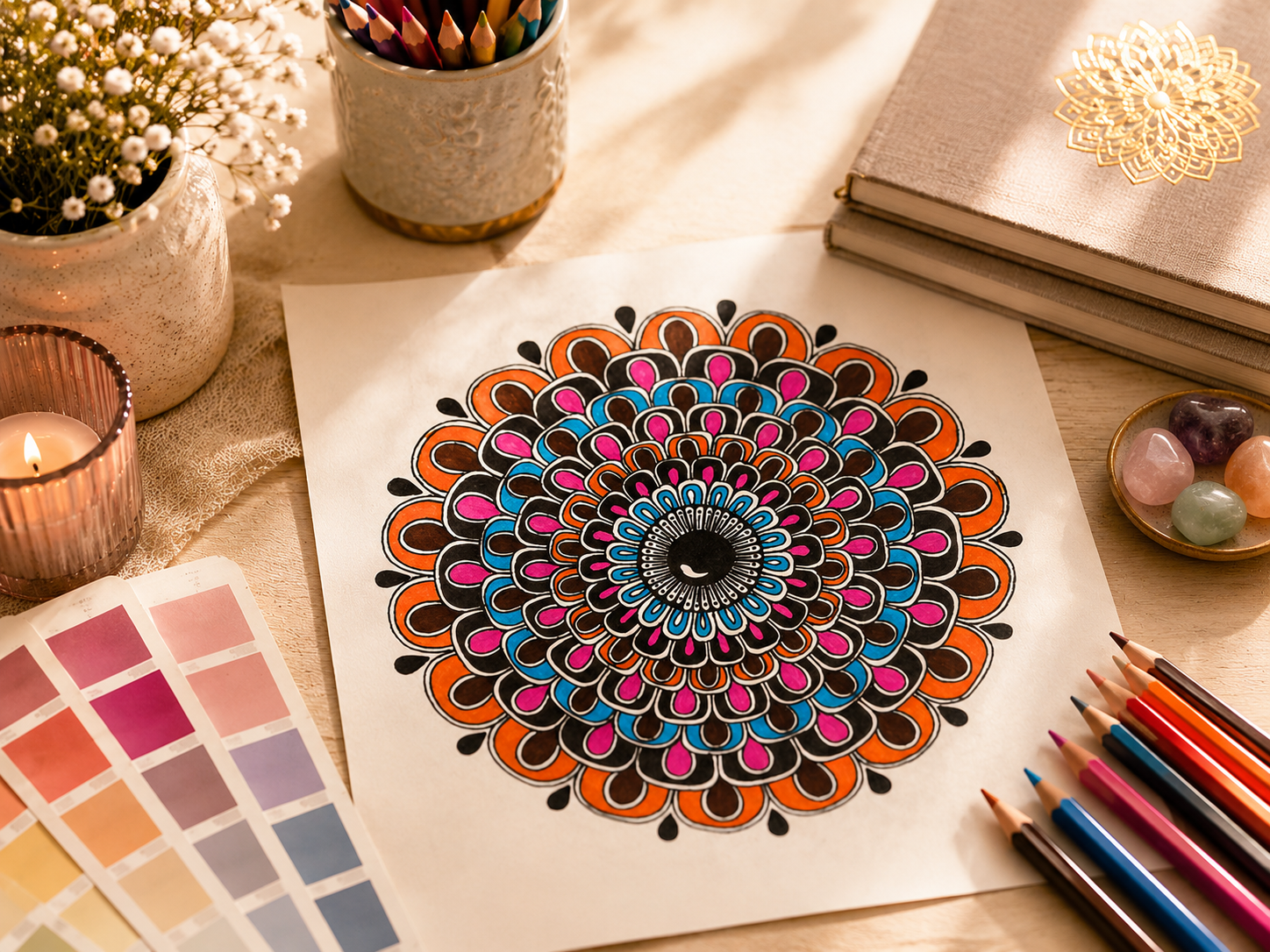 Detailed hand-drawn mandala artwork surrounded by colourful geometric patterns, representing creative reflection and mindful mandala practice.