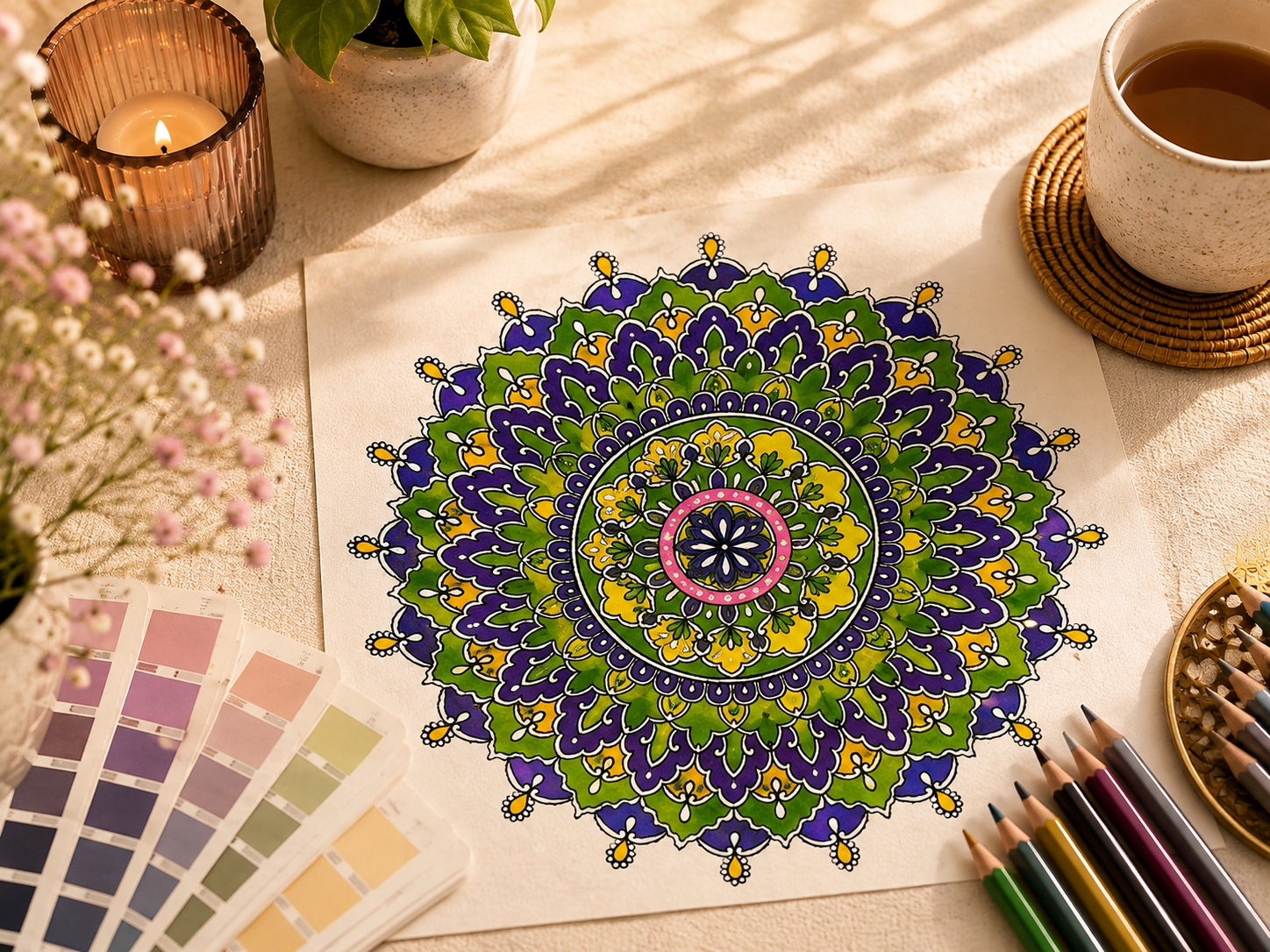 Colourful mandala artwork featuring vibrant chakra-inspired colours, representing colour awareness and mindful reflection.